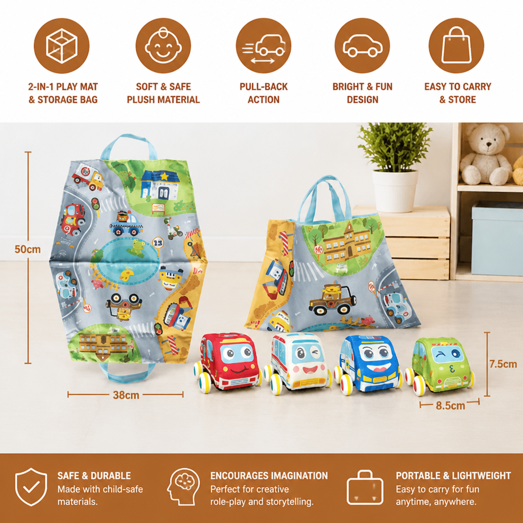 Soft Plush Pull-Back Car Set with 2-in-1 Play Mat & Storage Bag