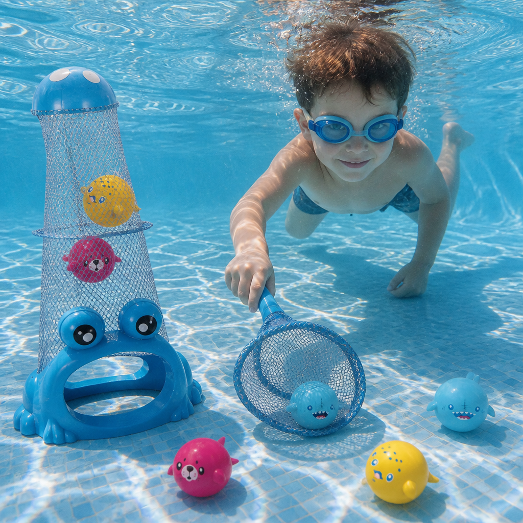 Frog Diving Pool Toy with Catch Net and Sea Animal Balls