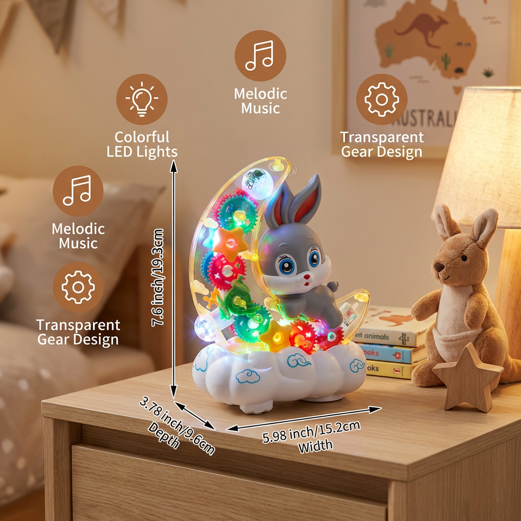 Light-Up Moon Bunny Toy – Transparent Gear Design with Music & LED Lights