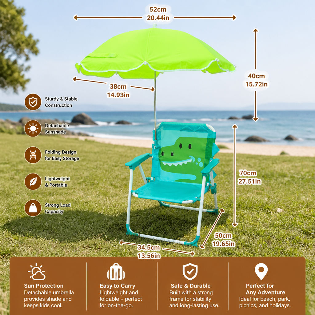Foldable Kids Beach Chair with Umbrella and Dino Design