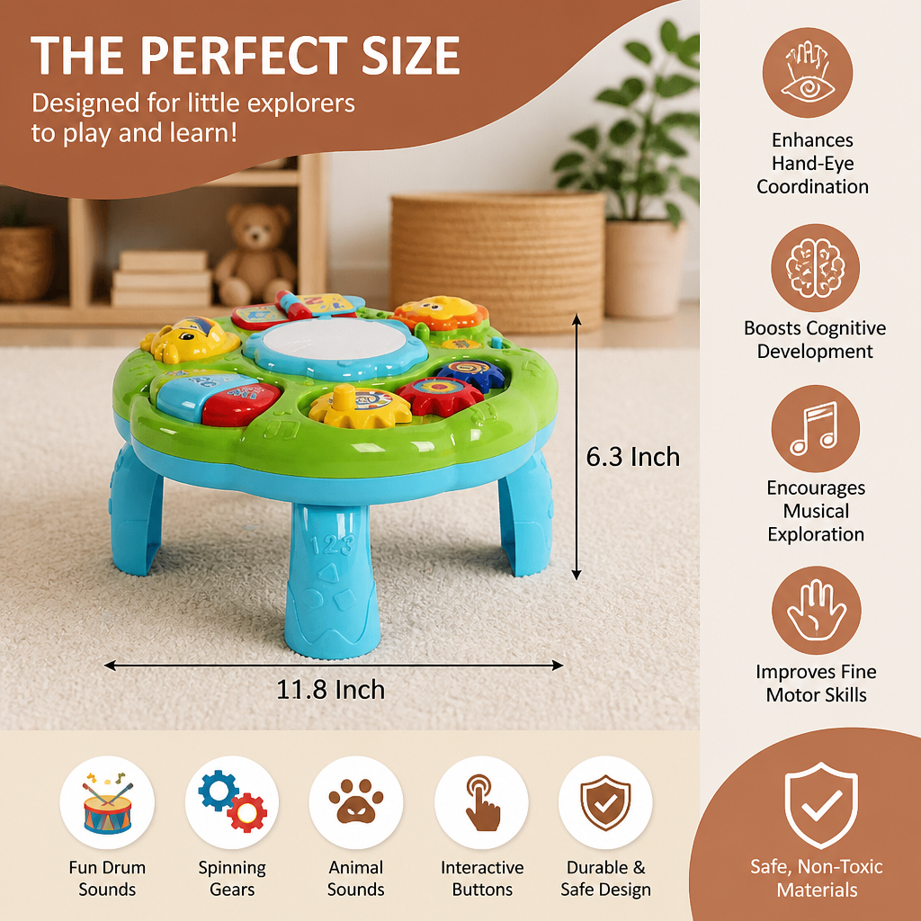 Baby Musical Activity Table Toy with Drum Gears and Animal Sounds