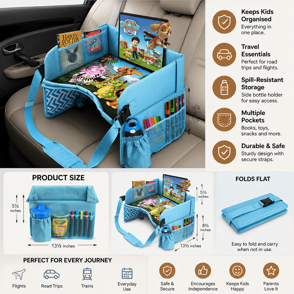 Kids Car Travel Tray with Storage Pockets and Activity Surface