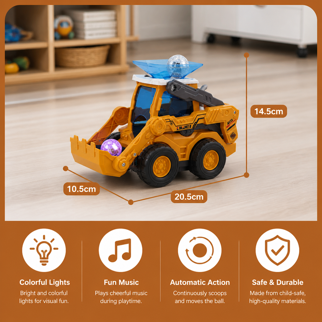Musical Light-Up Excavator Toy with Continuous Ball Scooping Action