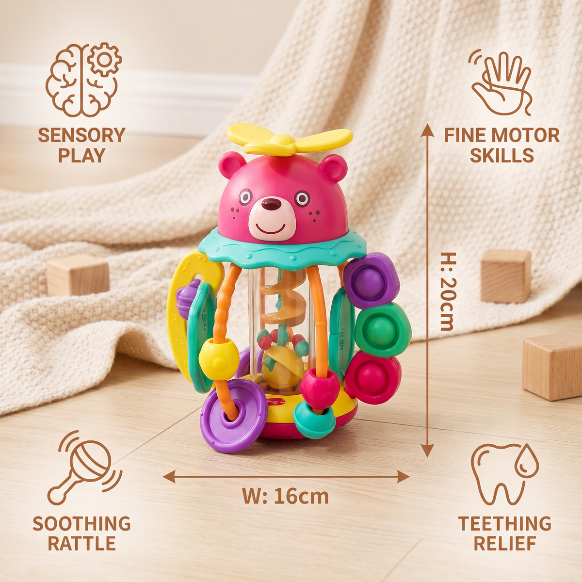 3-in-1 Multisensory Teething Toy with Pull Strings, Rattle & Rain Sounds for Babies