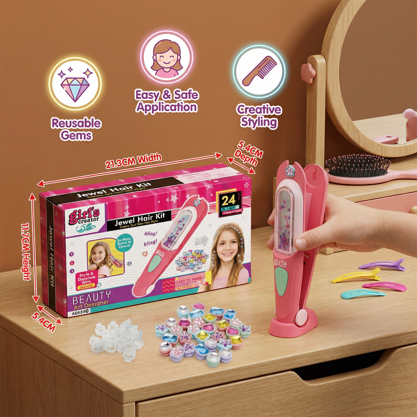 Kids Hair Gem Styling Kit – Hair Gem Stamper with Reusable Sparkling Gems