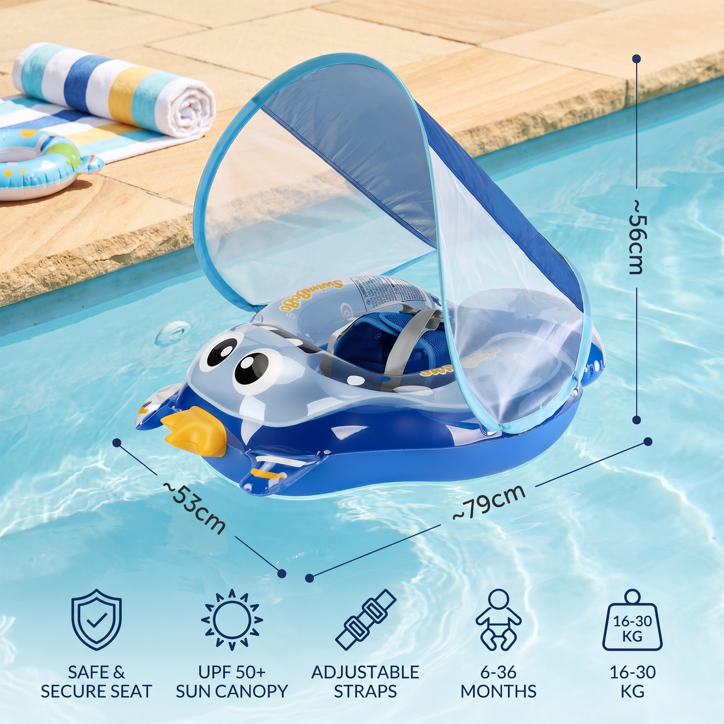 Inflatable Baby Swim Ring with Shoulder Straps & Sun Canopy – Safe Pool Seat for Babies