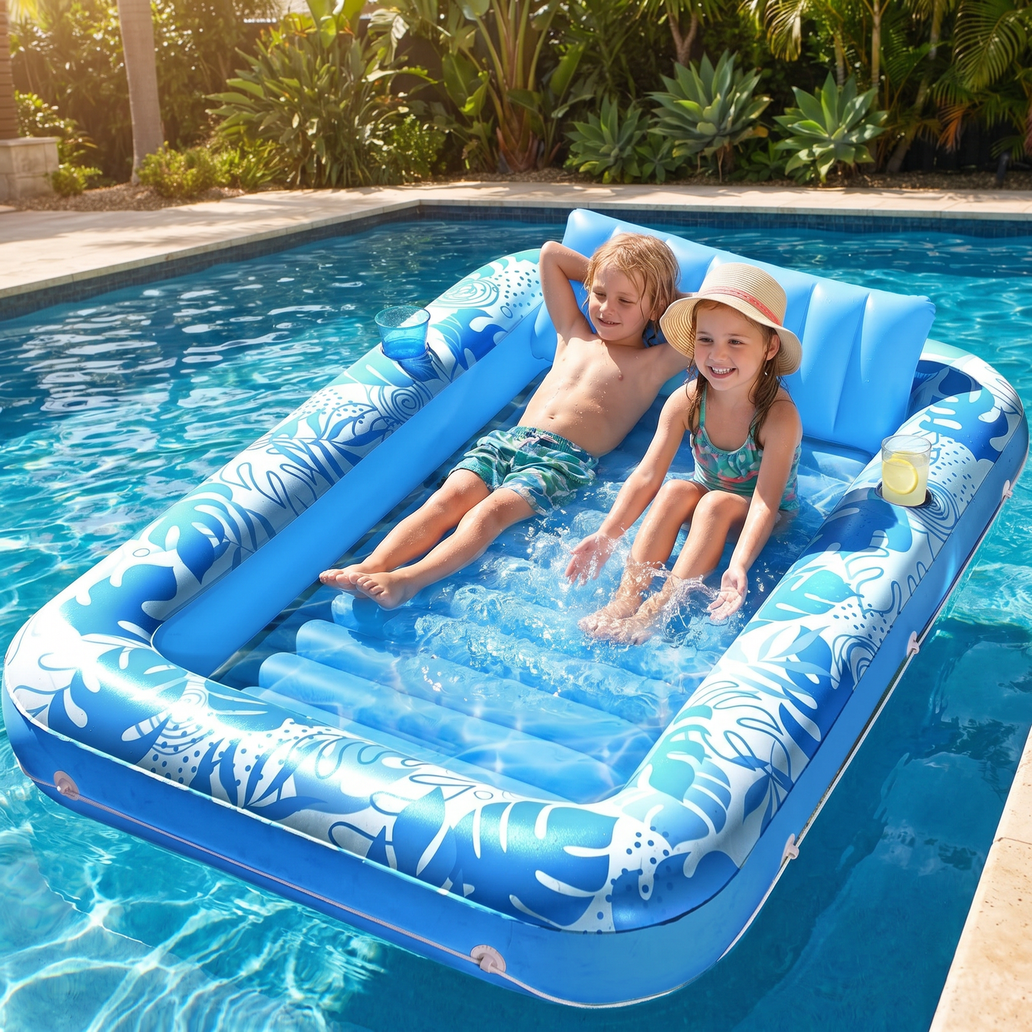 Inflatable Tanning Pool Lounge with Pillow & Cup Holder