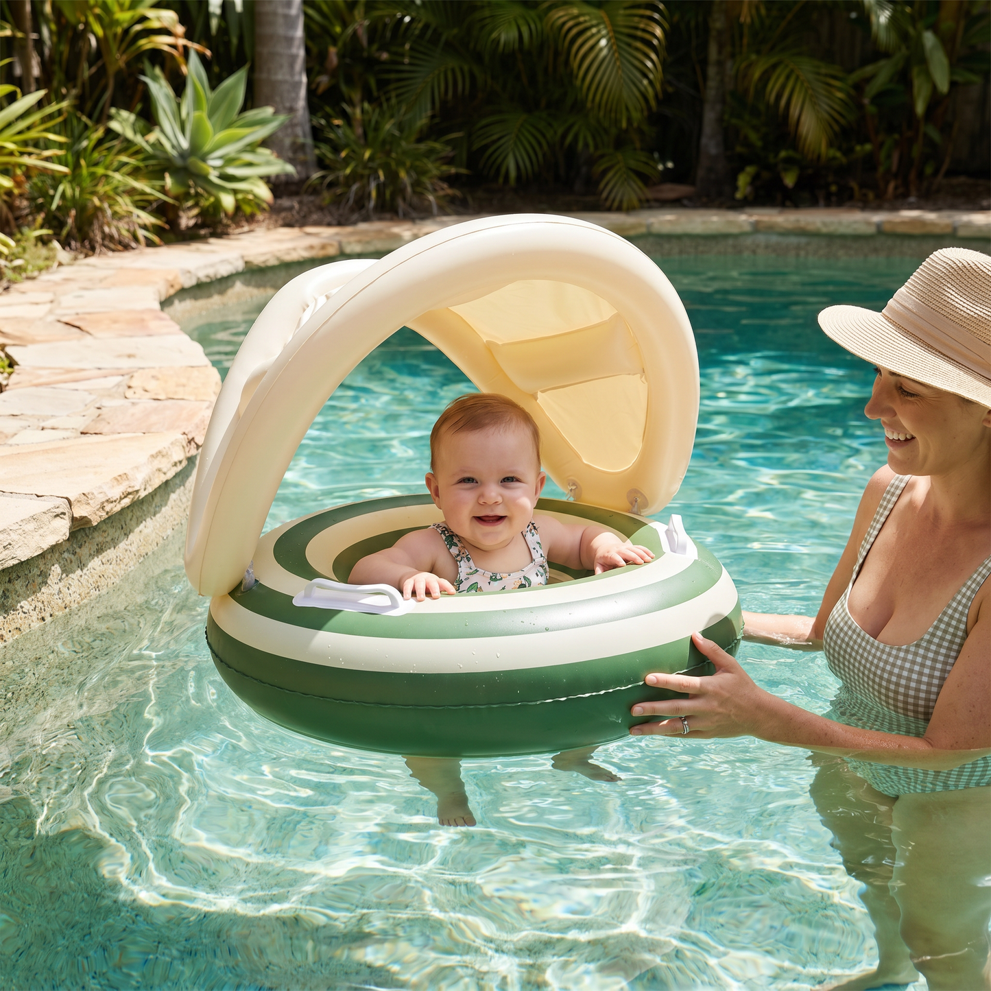 Inflatable Retro Lollipop Baby Swim Ring with Removable Sun Canopy – Secure Seat for 6–36 Months