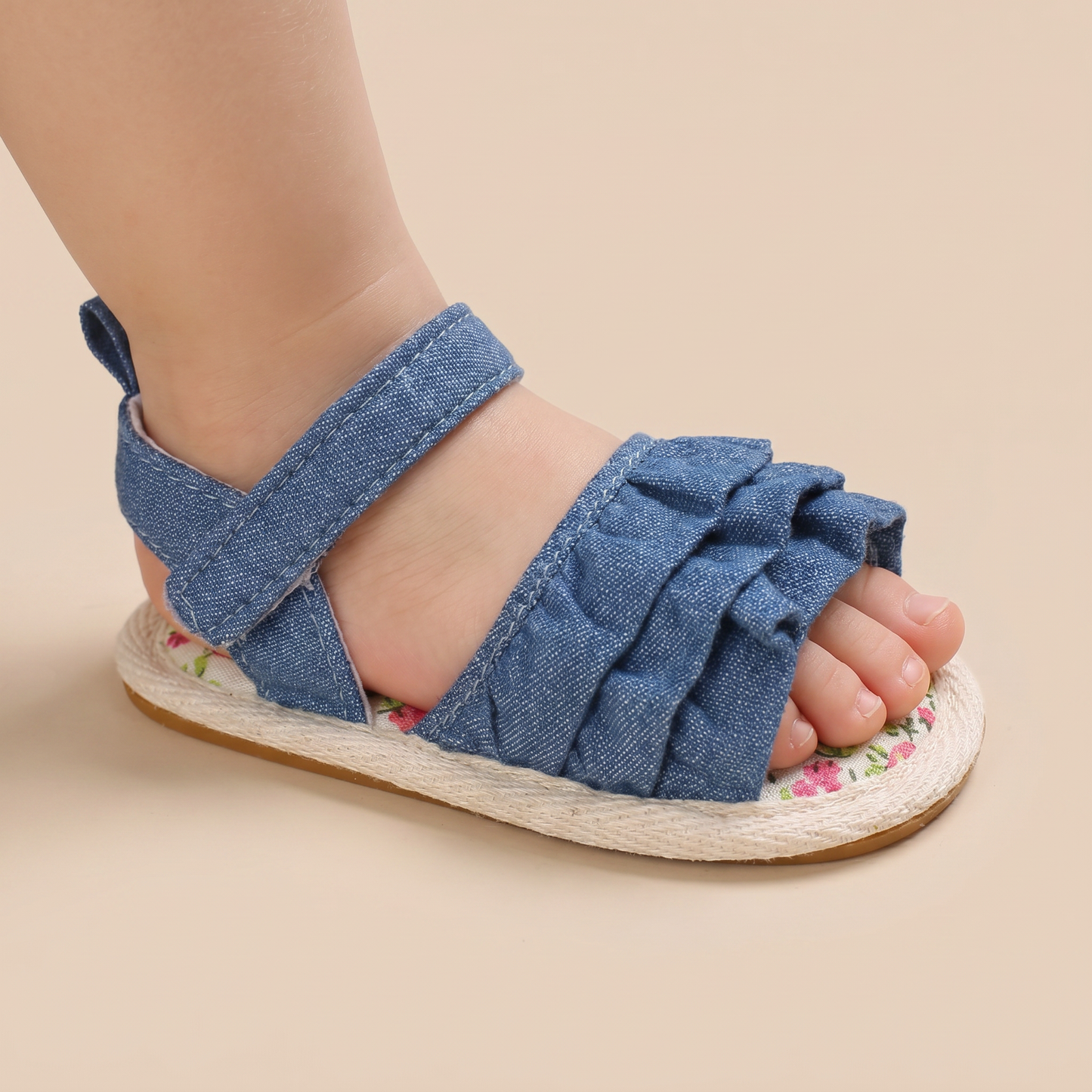 Denim Ruffle Sandals Floral