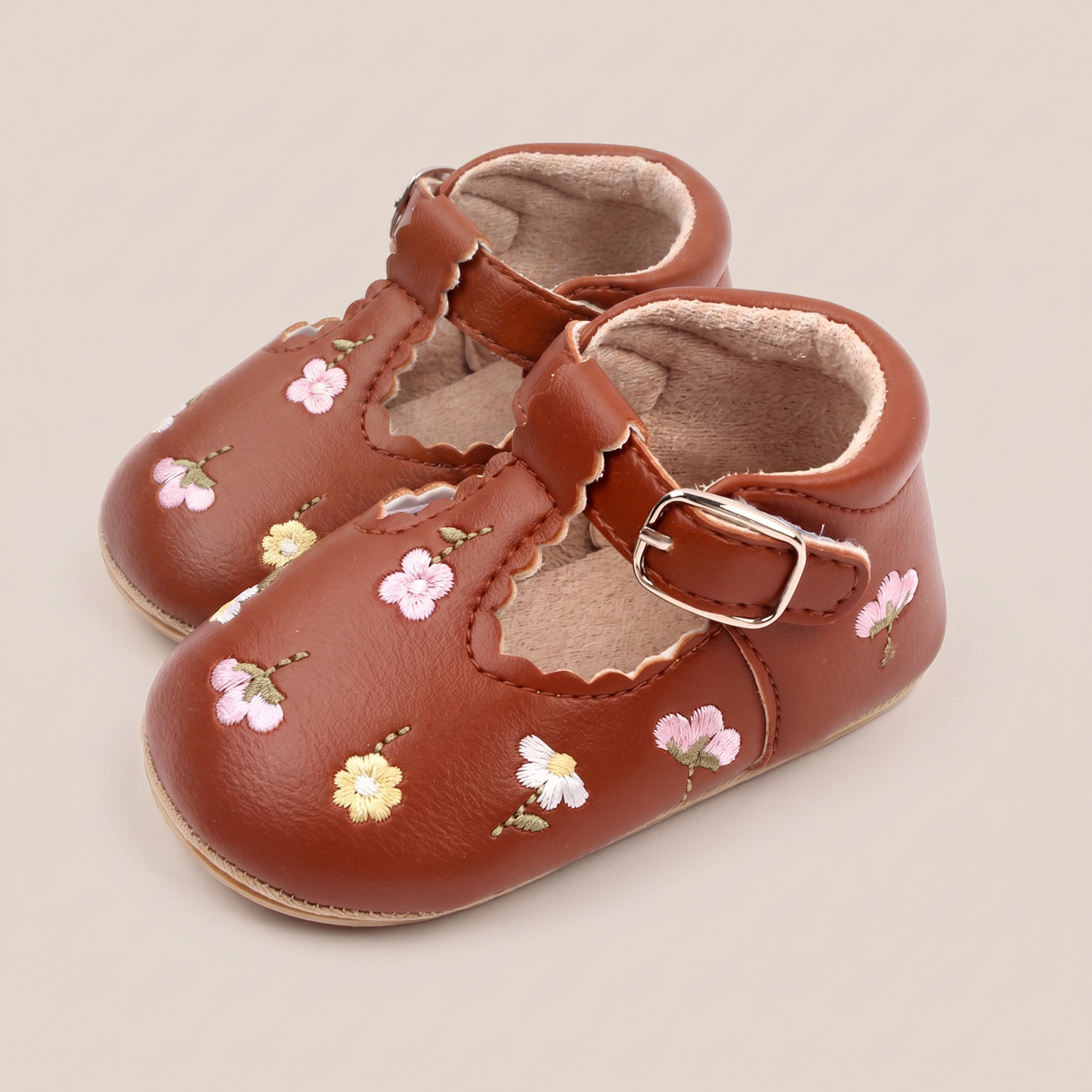 Floral Embroidered T-Strap Shoes