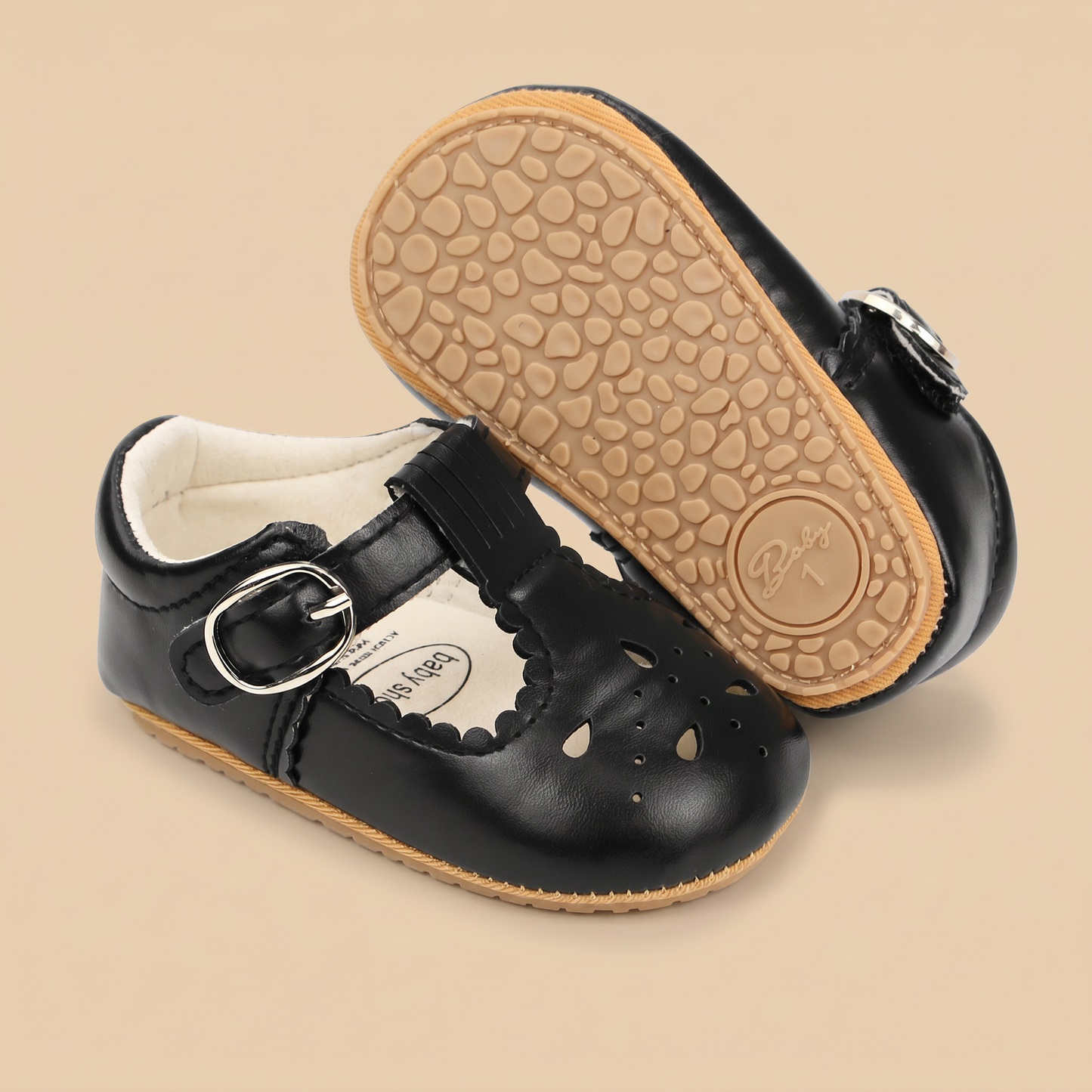 Perforated T-Strap Buckle Shoes