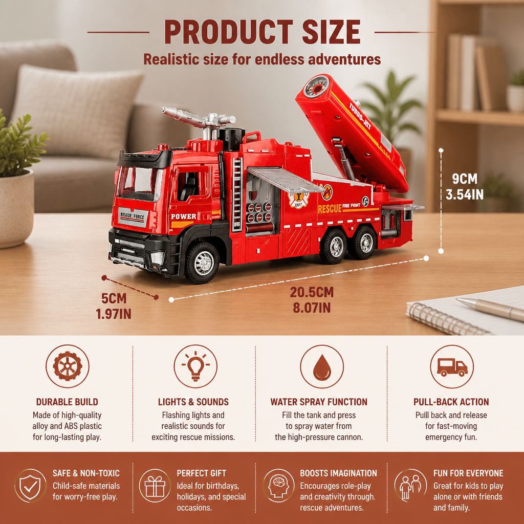 Pull-Back Fire Truck Toy with Water Spray, Lights & Sounds