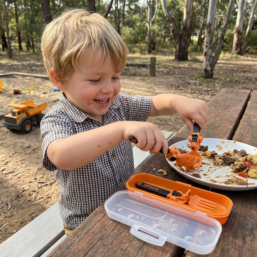 3-Piece Construction Vehicle Kids’ Utensil Set with Spoon, Fork & Travel Case