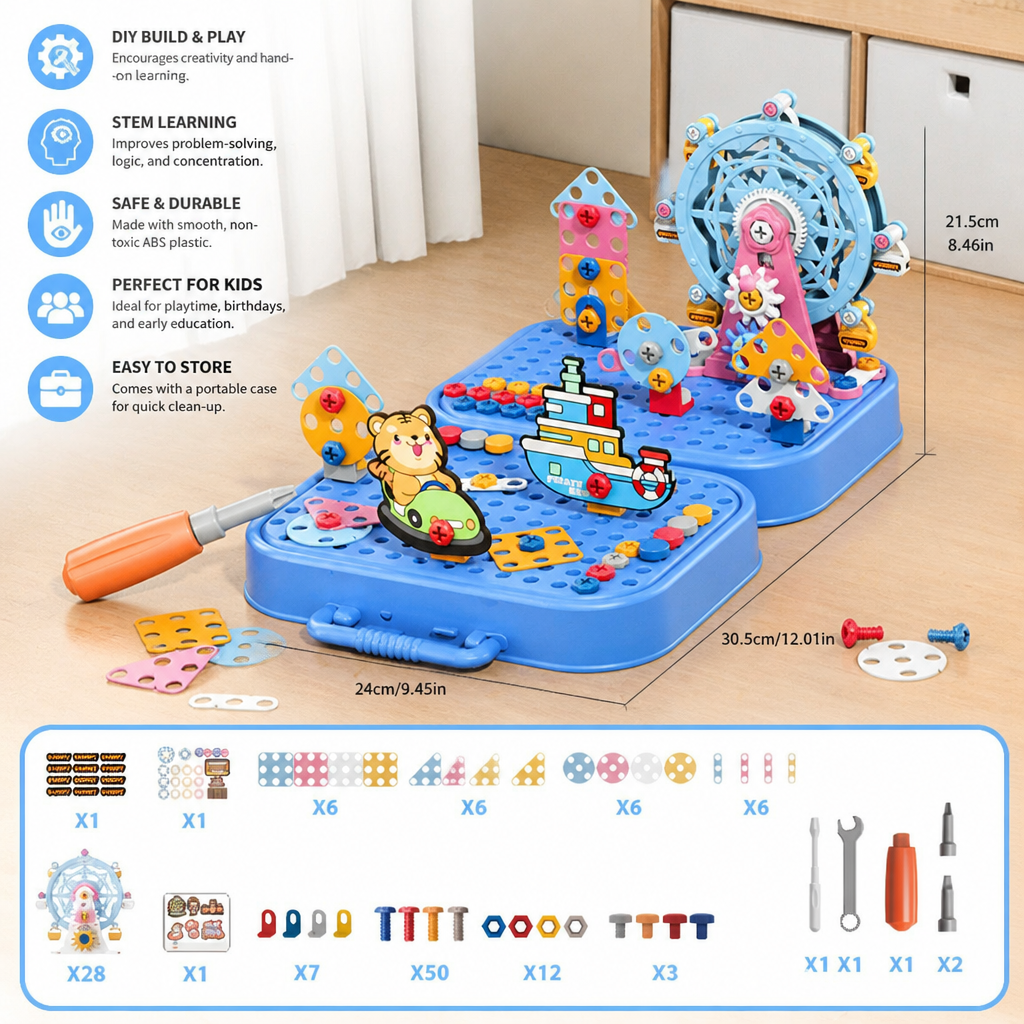 DIY Kids Engineering Tool Box with Building Board, Ferris Wheel & Electric Drill