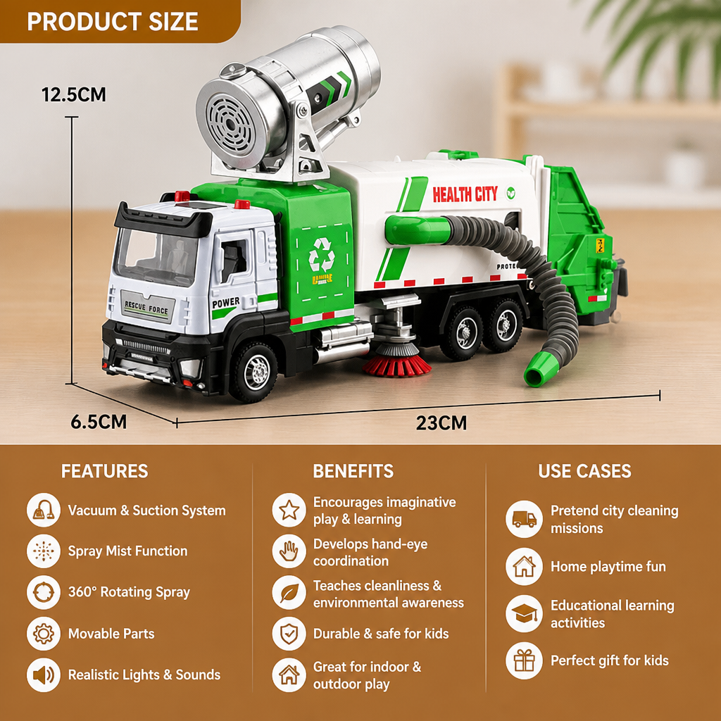 Die-Cast Street Sweeper Toy Truck with Vacuum Hose & Mist Spray