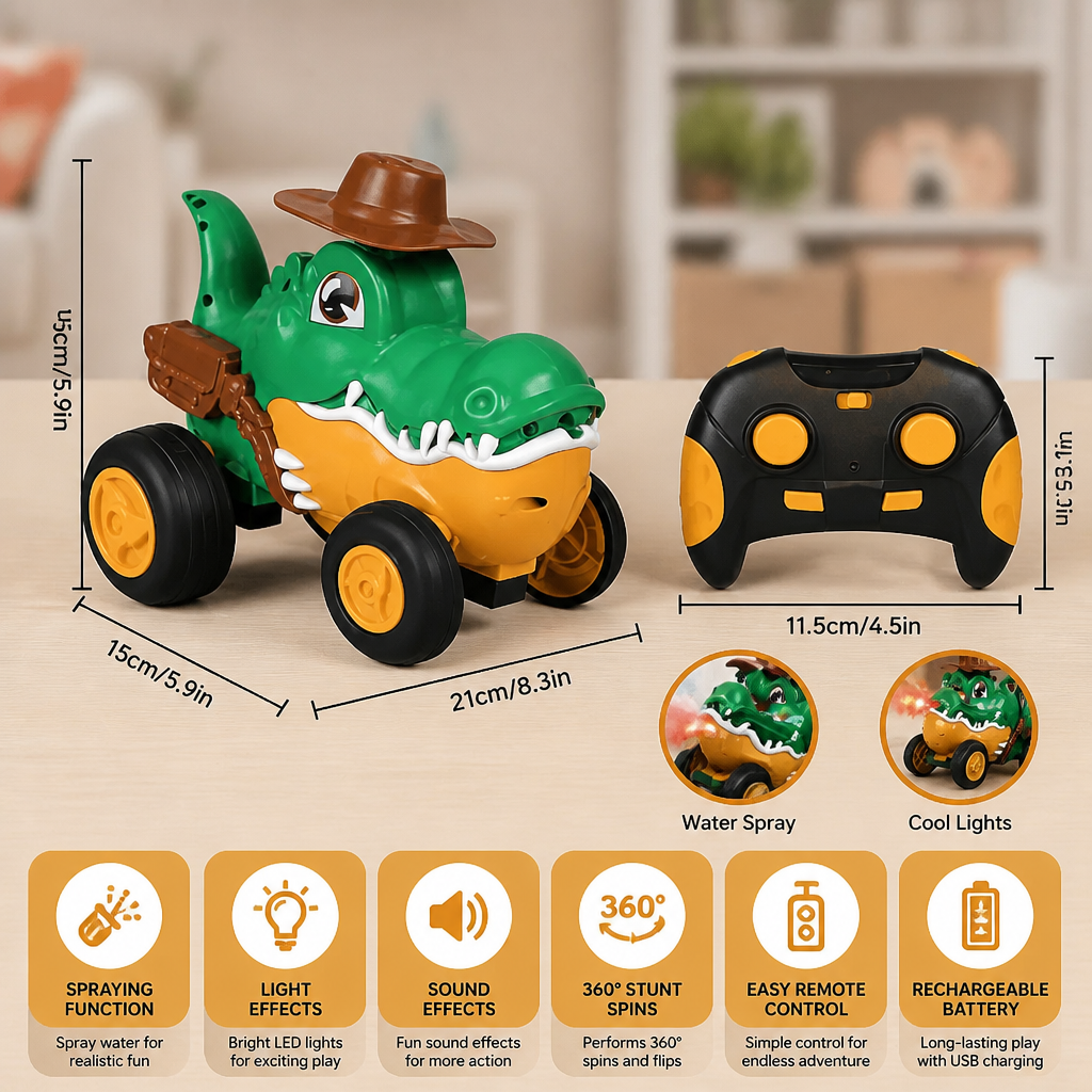 Remote Control Crocodile Stunt Car – Lights, Spray & Sound Effects