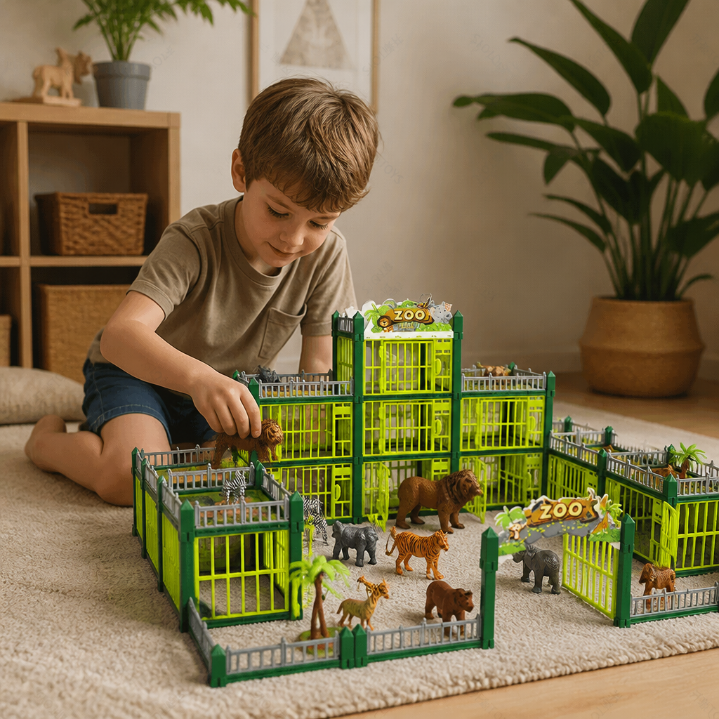 Modular Build-Your-Own Zoo Playset with Animal Figures & Interactive Cages