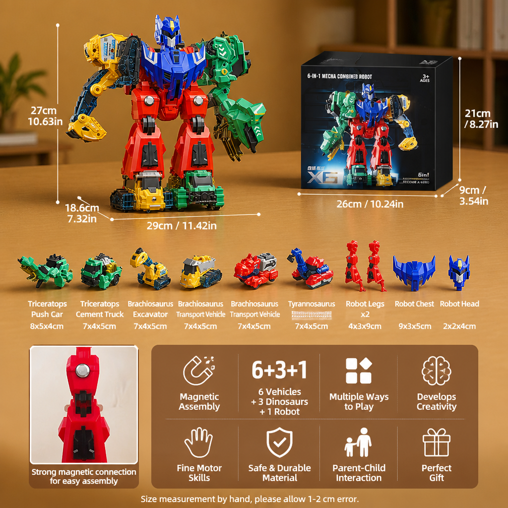 6-in-1 Magnetic Transforming Toy – Build 6 Vehicles, 3 Dinosaurs & 1 Robot