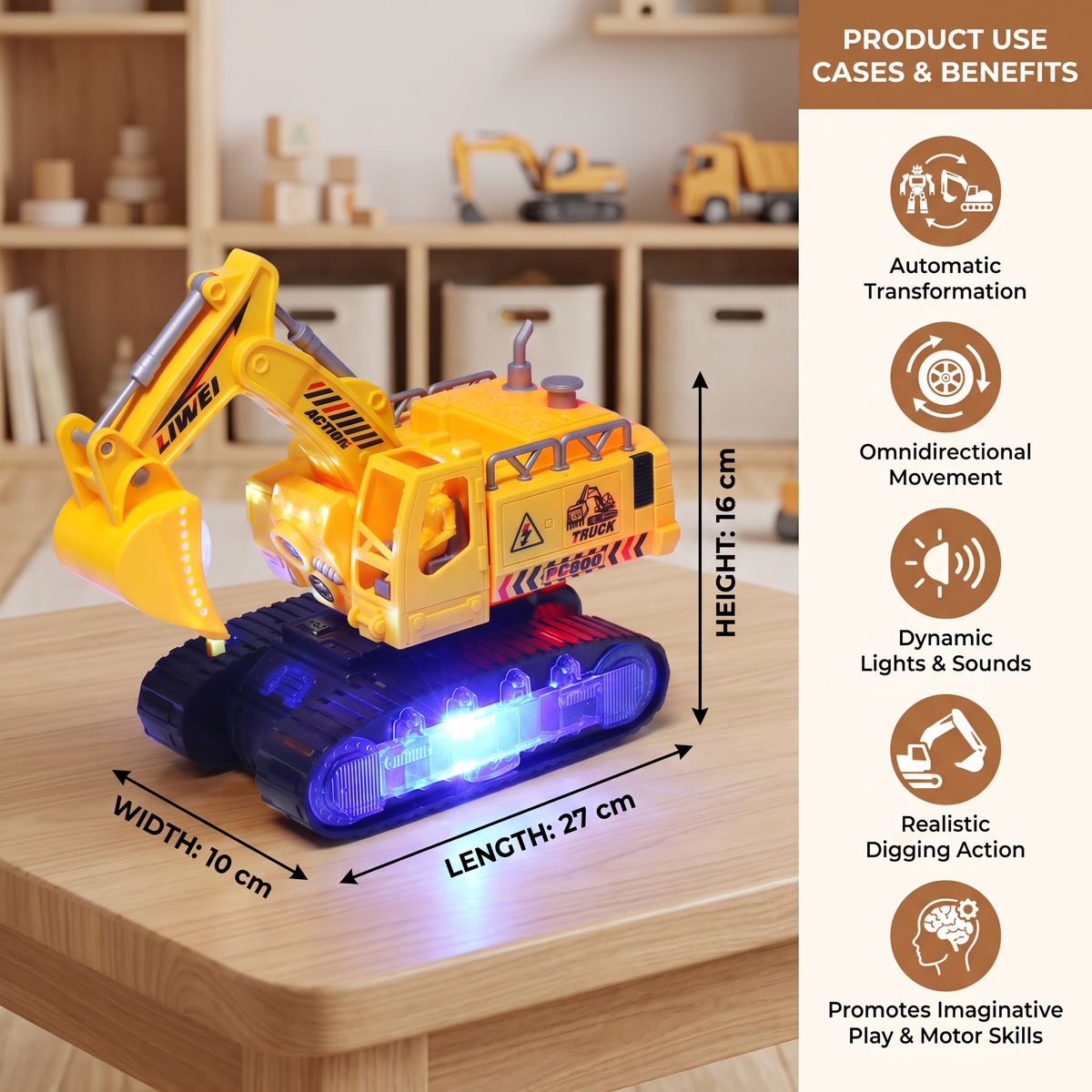Electric Transforming Robot Excavator Toy with Lights & Sounds