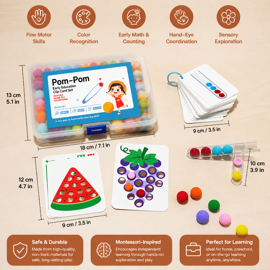 Montessori Pom-Pom Color & Numbers Learning Game for Fine Motor Skills