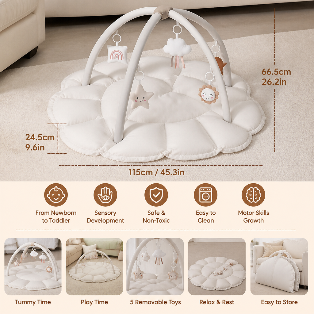 5-in-1 Plush Baby Play Gym, Activity Mat & Bed with Hanging Toys