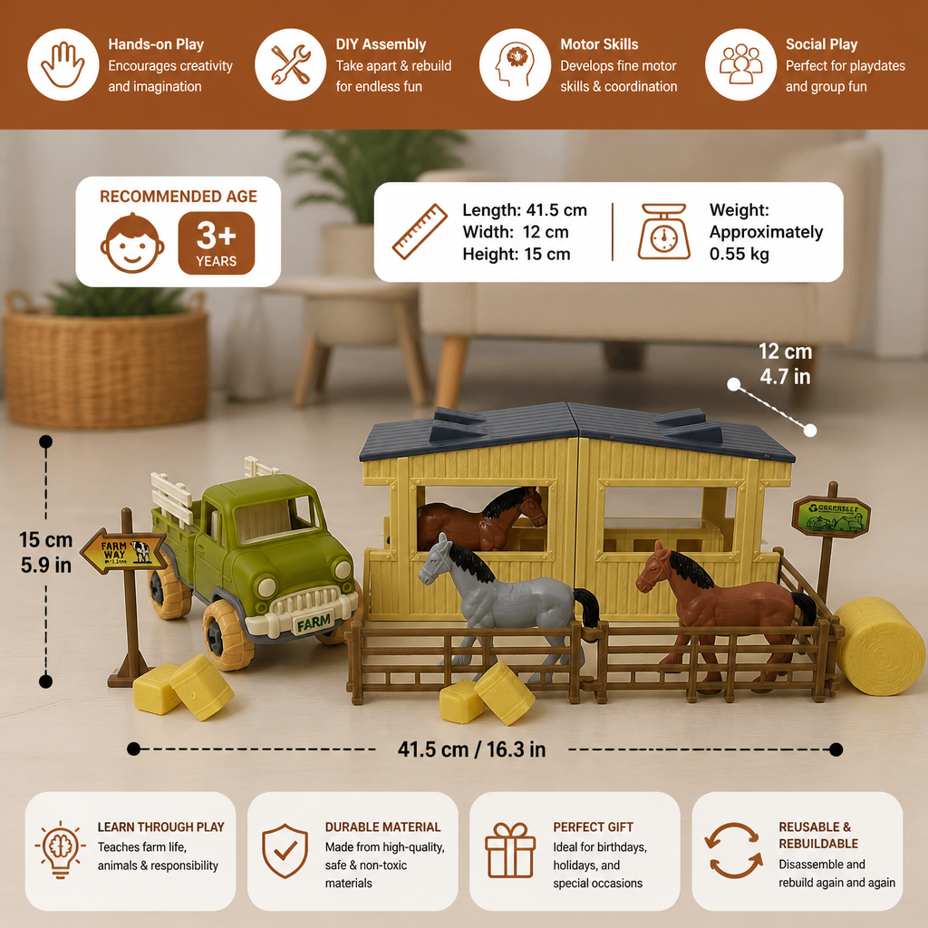DIY Take-Apart Farm Truck & Horse Stable Play Set for Kids