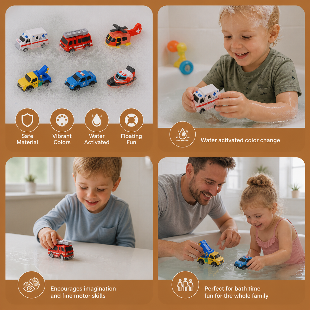 6-Pack Color-Changing Emergency Vehicle Bath Toys for Babies & Toddlers