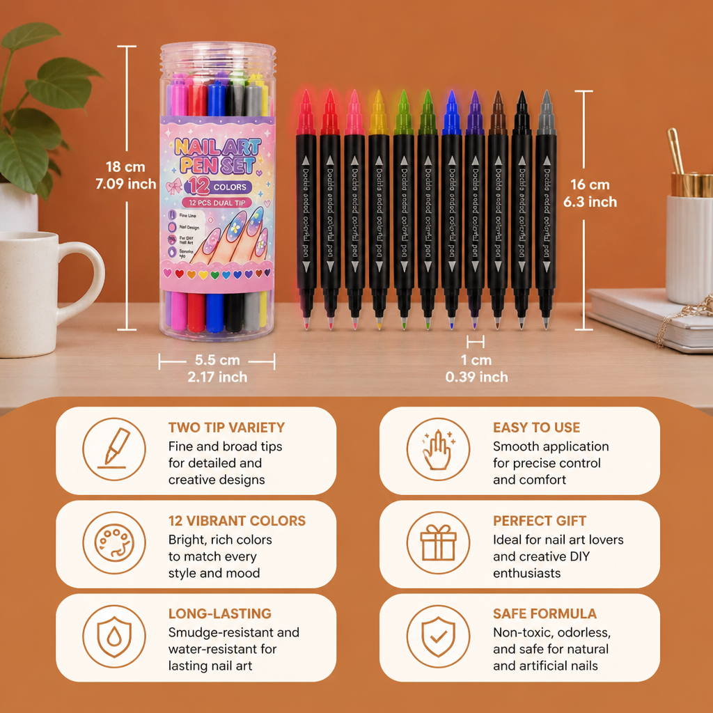 12-Color Dual-Tip Nail Art Pen Set – Fine Detail & Creative Designs