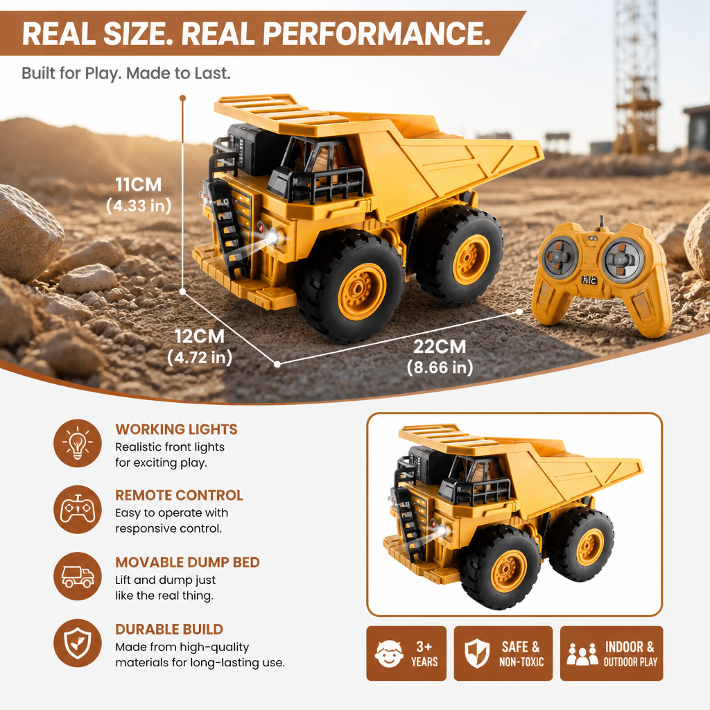 Remote-Controlled Dump Truck with Lights – Construction Vehicle Toy