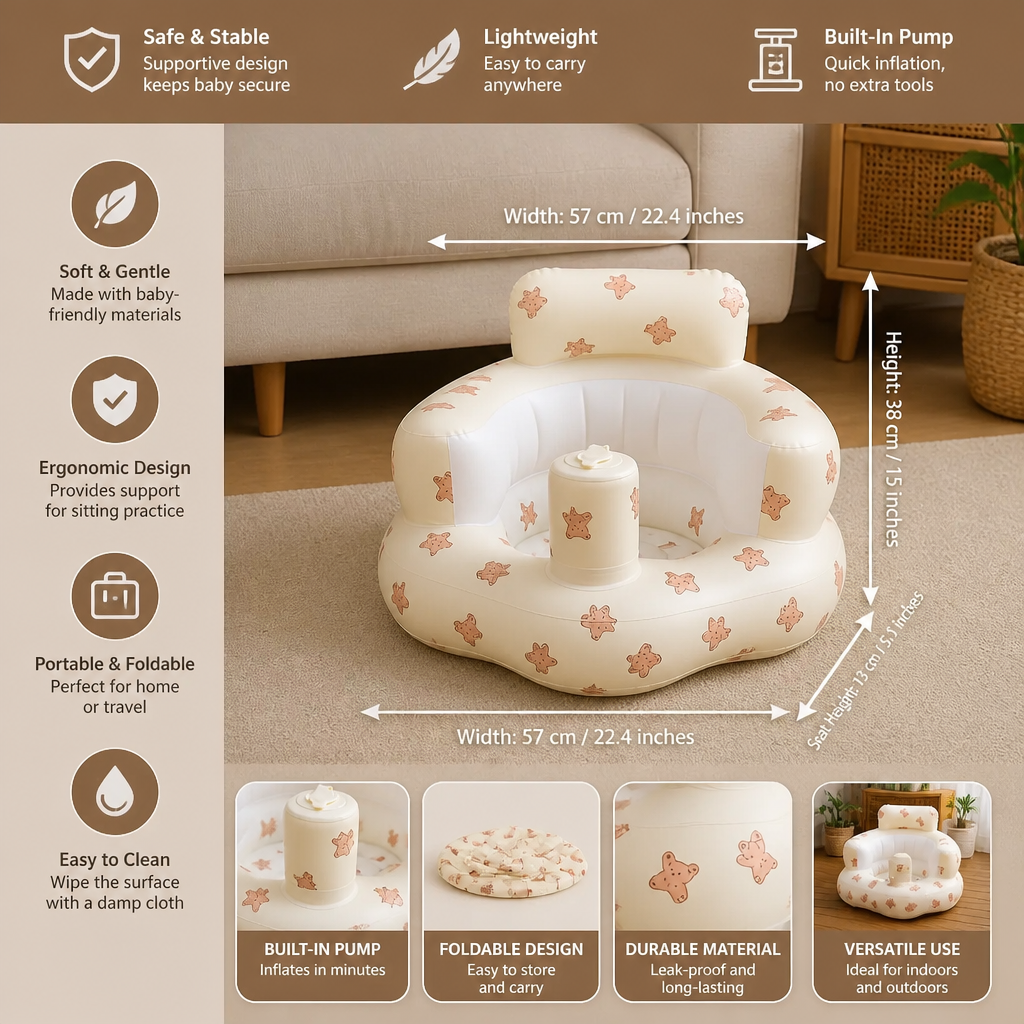 Inflatable Baby Floor Seat with Built-In Pump – Portable & Foldable