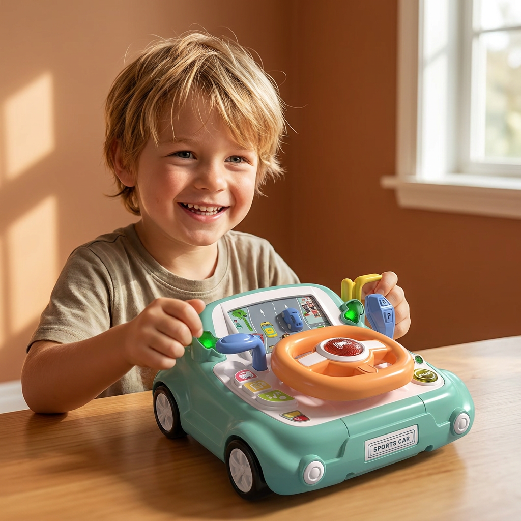 Driving Simulator Toy with Steering Wheel and Screen for Kids