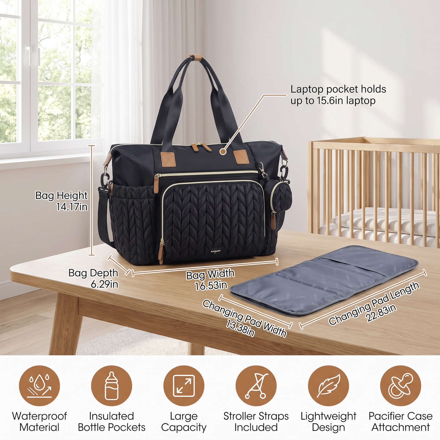 Lightweight Waterproof Diaper Tote Bag – Large Capacity with Changing Pad & Pacifier Case