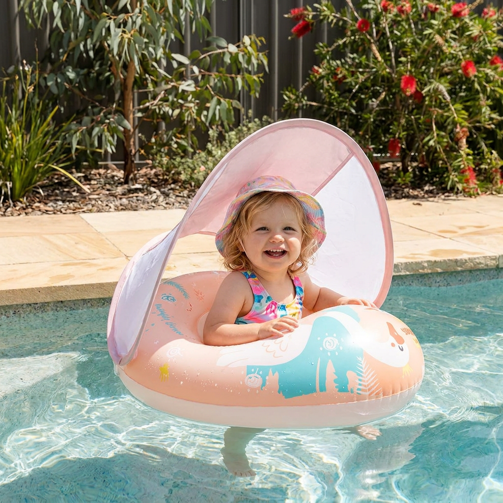 Swan Baby Swim Ring with Sun Canopy – Inflatable Safety Float Seat for Babies