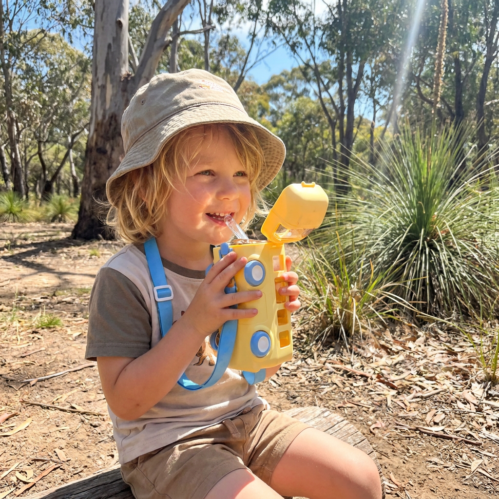 Kids Bus Shaped Water Bottle with Straw and Adjustable Strap