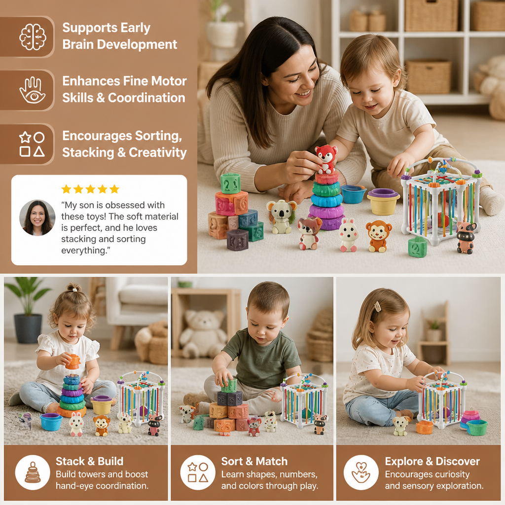 5-in-1 Montessori Soft Rubber Baby Sensory Play Set with Stacking & Sorting Toys – 26 Pieces
