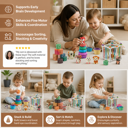 5-in-1 Montessori Soft Rubber Baby Sensory Play Set with Stacking & Sorting Toys – 26 Pieces