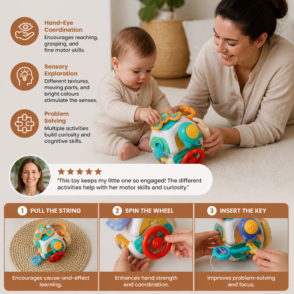 Baby Busy Cube with 10 Activities Montessori Sensory Learning Toy