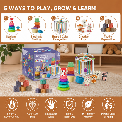 5-in-1 Montessori Soft Rubber Baby Sensory Play Set with Stacking & Sorting Toys – 26 Pieces