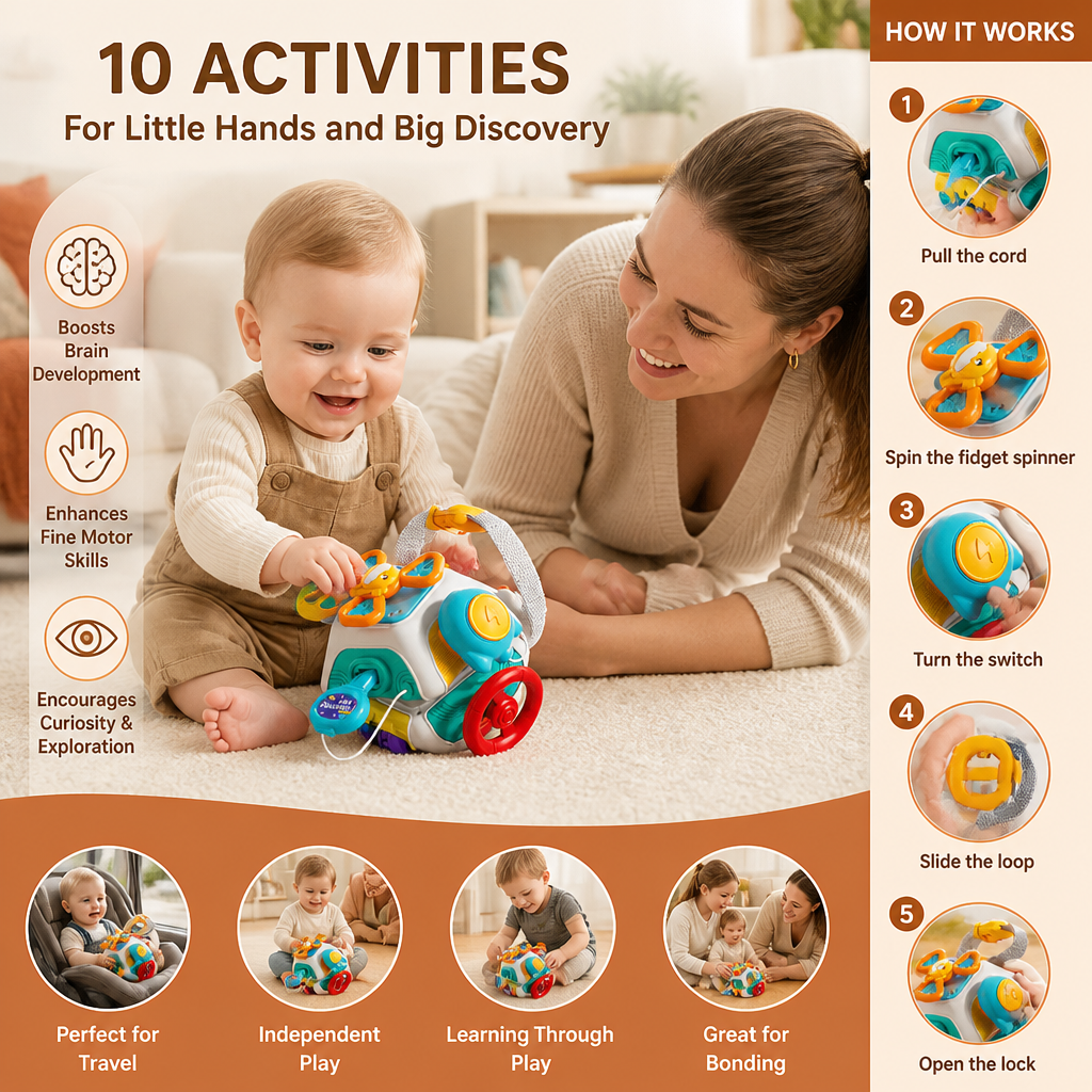 Baby Busy Cube with 10 Activities Montessori Sensory Learning Toy