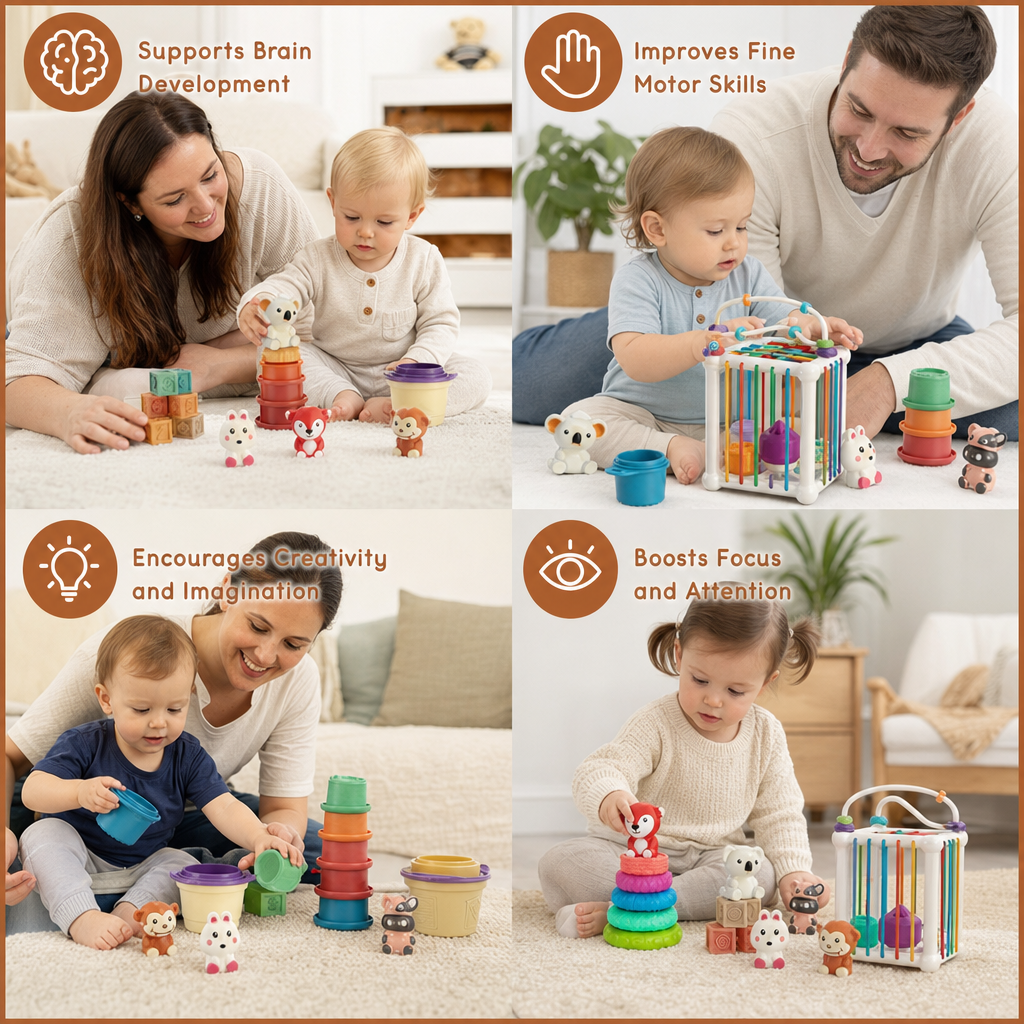 5-in-1 Montessori Soft Rubber Baby Sensory Play Set with Stacking & Sorting Toys – 26 Pieces