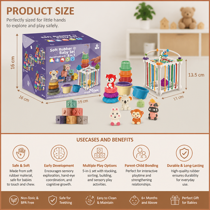 5-in-1 Montessori Soft Rubber Baby Sensory Play Set with Stacking & Sorting Toys – 26 Pieces