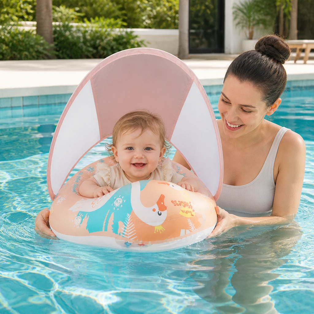 Swan Baby Swim Ring with Sun Canopy – Inflatable Safety Float Seat for Babies