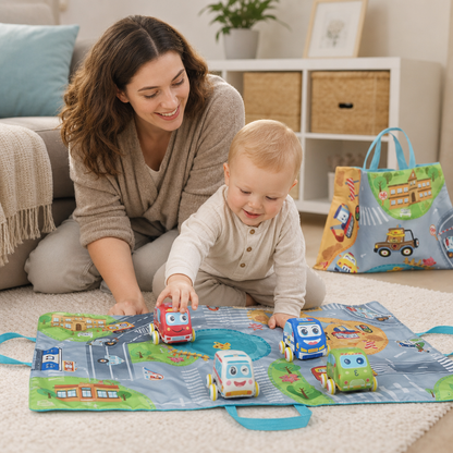 Soft Plush Pull-Back Car Set with 2-in-1 Play Mat & Storage Bag