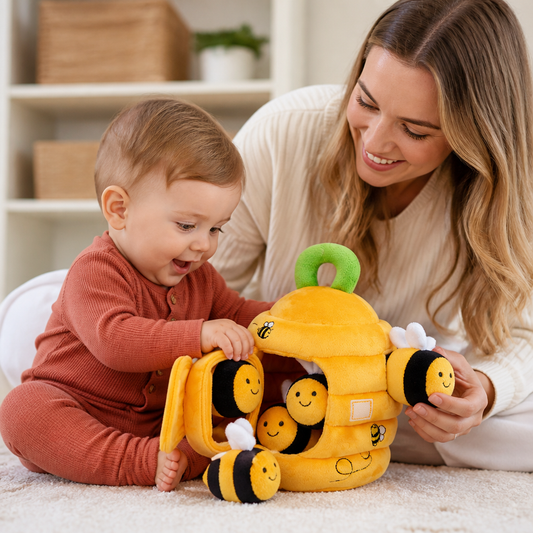 Baby Beehive Sensory Toy with Bee Rattles Squeaker and Mirror