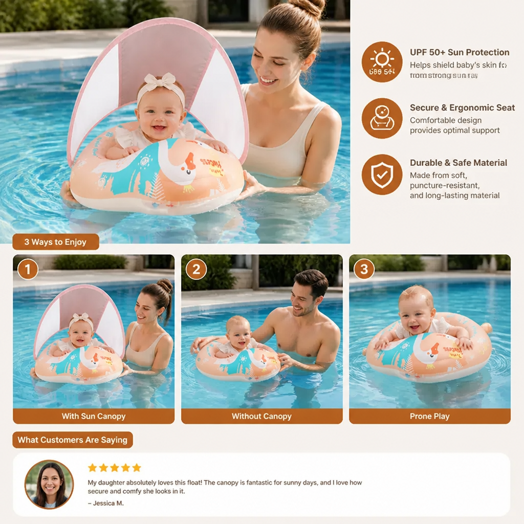 Swan Baby Swim Ring with Sun Canopy – Inflatable Safety Float Seat for Babies