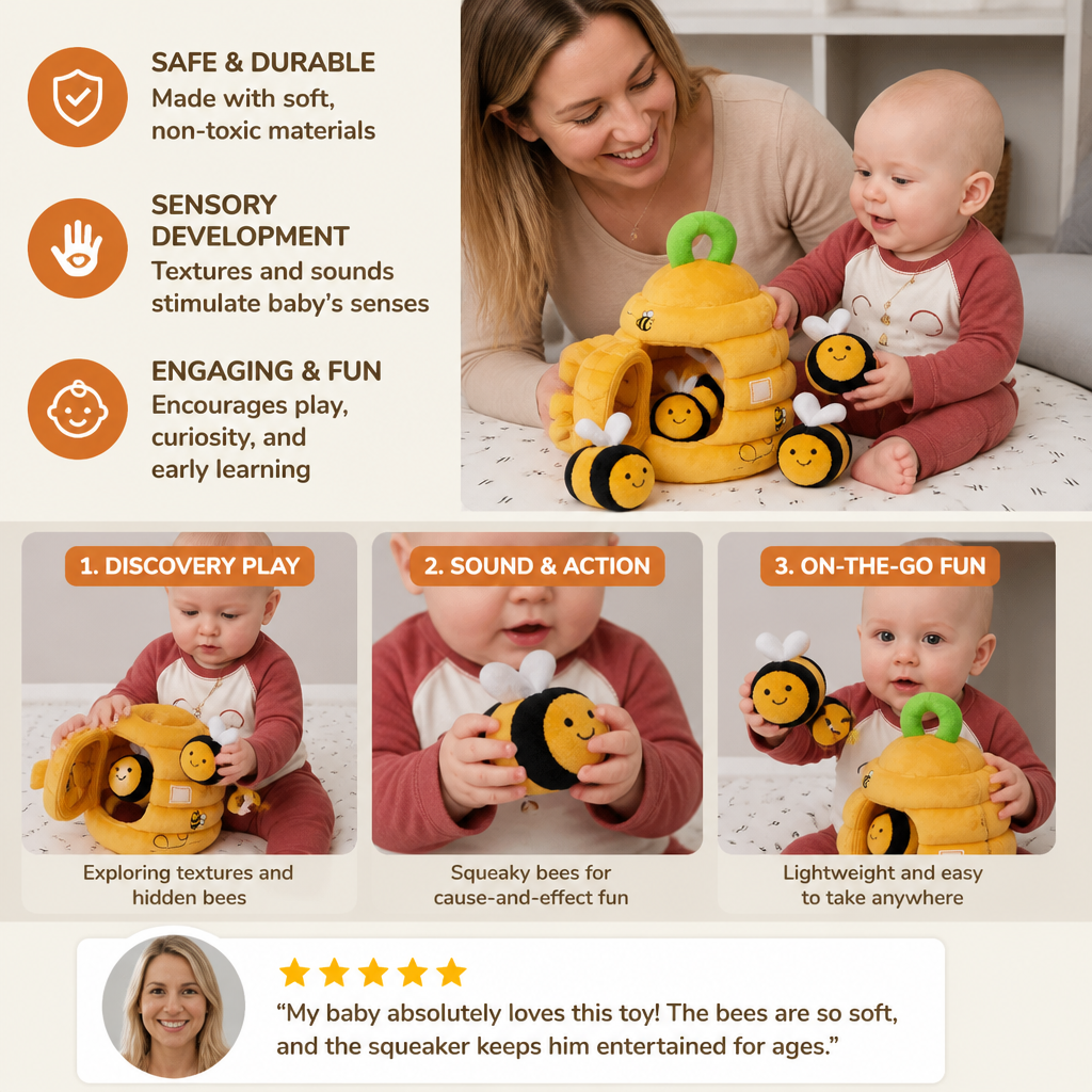 Baby Beehive Sensory Toy with Bee Rattles Squeaker and Mirror