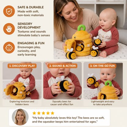 Baby Beehive Sensory Toy with Bee Rattles Squeaker and Mirror