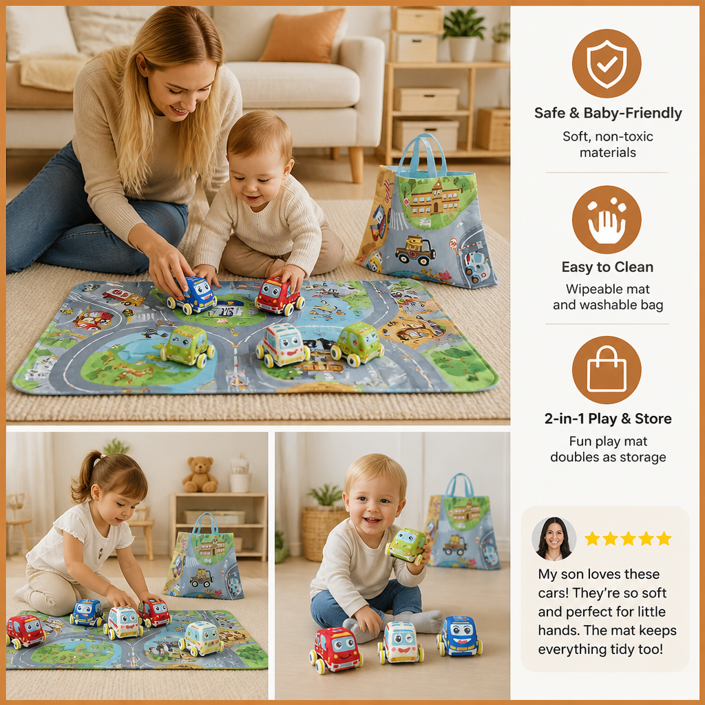 Soft Plush Pull-Back Car Set with 2-in-1 Play Mat & Storage Bag