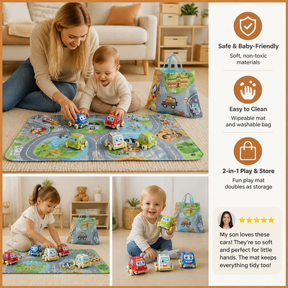 Soft Plush Pull-Back Car Set with 2-in-1 Play Mat & Storage Bag