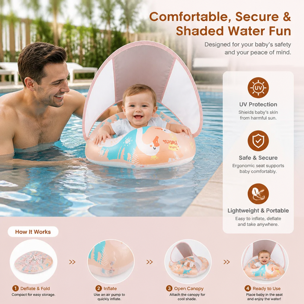 Swan Baby Swim Ring with Sun Canopy – Inflatable Safety Float Seat for Babies
